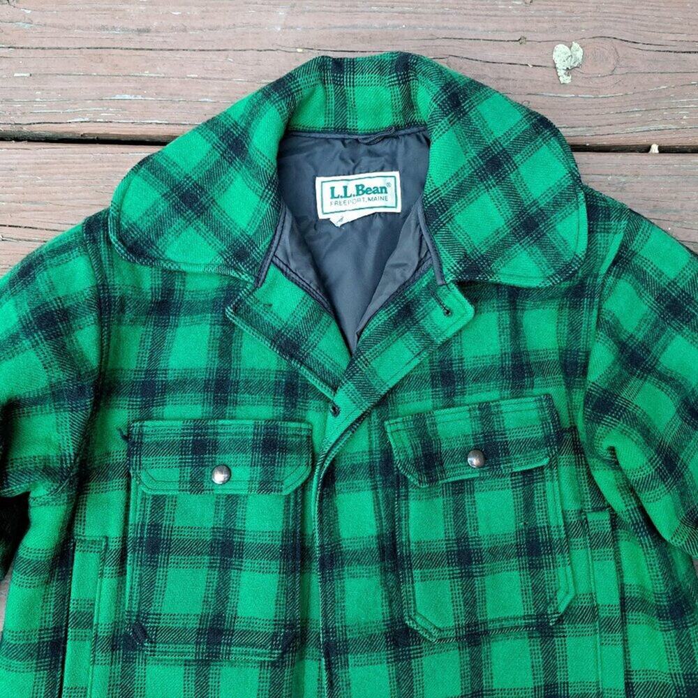 %VINTAGE L.L. BEAN BUFFALO PLAID GREEN COAT LARGE 85% WOOL WOMEN